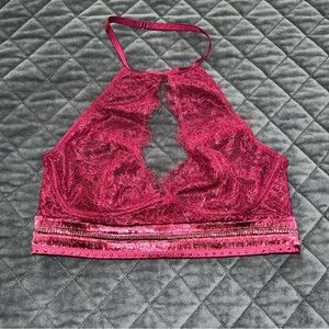 Victoria Secret bralette bra Women Medium Lace Burgundy Halter Sheer Keyhole b14